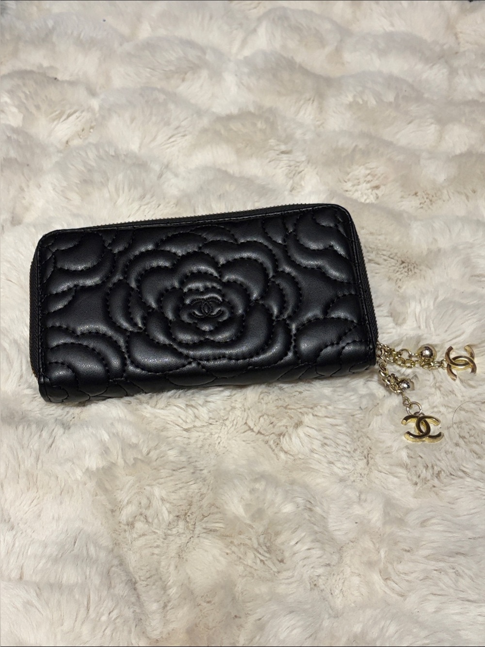 Quilted Camellia Zip Wallet with Gold Charms